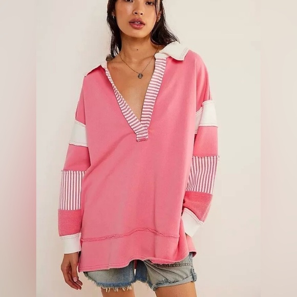 We The Free Tops - FREE PEOPLE We The Free PINK CLEAN PREP POLO Oversized Pullover size XS/S NWOT